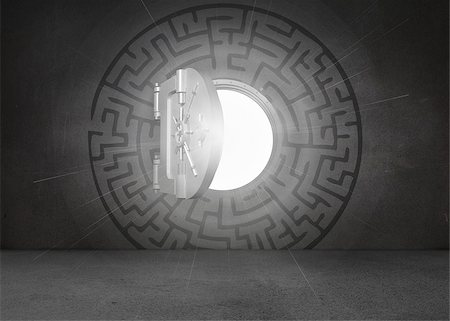 Open safe in middle of maze on black wall Stock Photo - Budget Royalty-Free & Subscription, Code: 400-07182697
