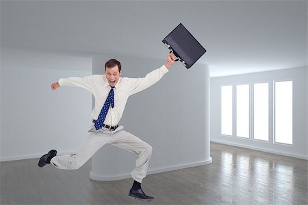 simsearch:400-07189733,k - Composite image of cheerful jumping businessman with his suitcase Stock Photo - Budget Royalty-Free & Subscription, Code: 400-07191029