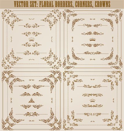simsearch:400-05911971,k - Vector set of gold decorative horizontal floral elements, corners, borders, frame, dividers, crown. Page decoration. Stock Photo - Budget Royalty-Free & Subscription, Code: 400-07208404