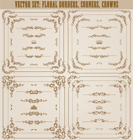 simsearch:400-05911971,k - Vector set of gold decorative horizontal floral elements, corners, borders, frame, dividers, crown. Page decoration. Stock Photo - Budget Royalty-Free & Subscription, Code: 400-07208405
