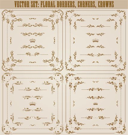 simsearch:400-05911971,k - Vector set of gold decorative horizontal floral elements, corners, borders, frame, dividers, crown. Page decoration. Stock Photo - Budget Royalty-Free & Subscription, Code: 400-07208400