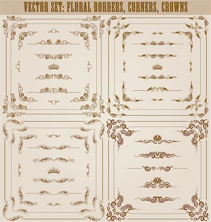 simsearch:400-05911971,k - Vector set of gold decorative horizontal floral elements, corners, borders, frame, dividers, crown. Page decoration. Stock Photo - Budget Royalty-Free & Subscription, Code: 400-07208401