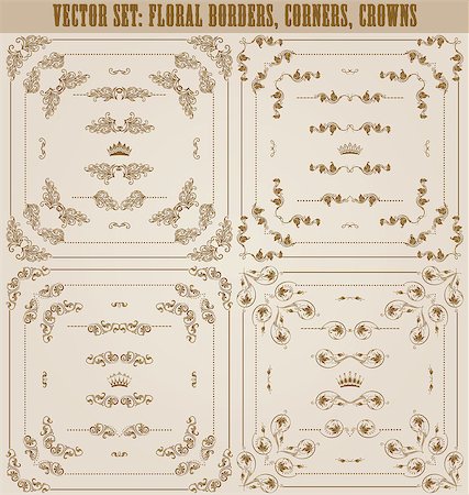 simsearch:400-05911971,k - Vector set of gold decorative horizontal floral elements, corners, borders, frame, dividers, crown. Page decoration. Stock Photo - Budget Royalty-Free & Subscription, Code: 400-07208402