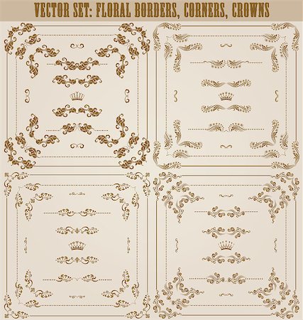 simsearch:400-05911971,k - Vector set of gold decorative horizontal floral elements, corners, borders, frame, dividers, crown. Page decoration. Stock Photo - Budget Royalty-Free & Subscription, Code: 400-07208403