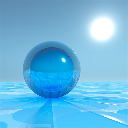 Blue crystal sphere on surreal horizon and sun lines leading away from sphere. Stock Photo - Budget Royalty-Free & Subscription, Code: 400-07209083