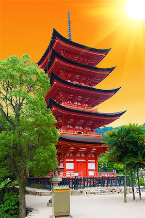 Five-storied pagoda  at Miyajima island, Japan - sunset Stock Photo - Budget Royalty-Free & Subscription, Code: 400-07209897