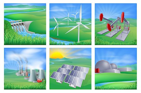 Illustrations of different types of power and energy generation including wind, solar,  hydro or water dam and other renewable or sustainable as well as fossil fuel and nuclear power plants. Also oil well pumpjacks Foto de stock - Super Valor sin royalties y Suscripción, Código: 400-07214337