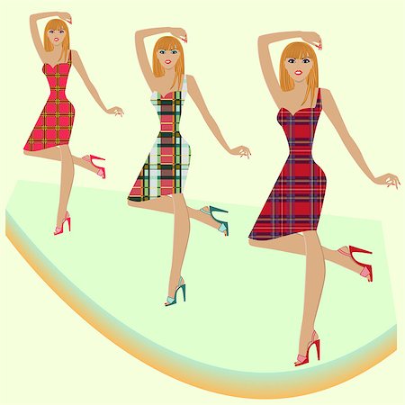 simsearch:400-05146518,k - Stylish fashion models posing on podium in various checkered dresses, hand drawing vector illustration Stock Photo - Budget Royalty-Free & Subscription, Code: 400-07214514