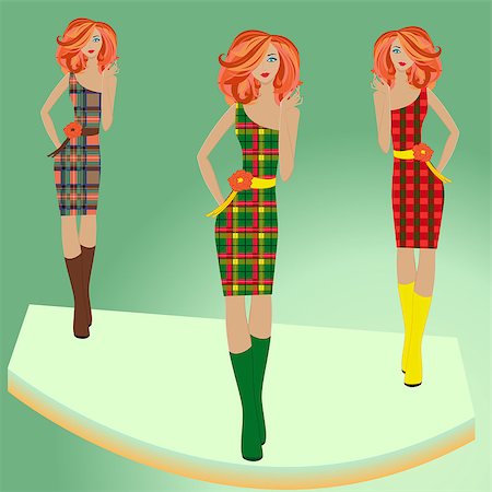 simsearch:400-05212510,k - Stylish fashion models posing on podium in different checkered dresses, hand drawing vector illustration Stock Photo - Budget Royalty-Free & Subscription, Code: 400-07214516
