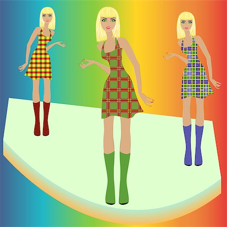 simsearch:400-05212510,k - Stylish fashion blond models posing on in various checkered dresses, hand drawing vector illustration Stock Photo - Budget Royalty-Free & Subscription, Code: 400-07214517