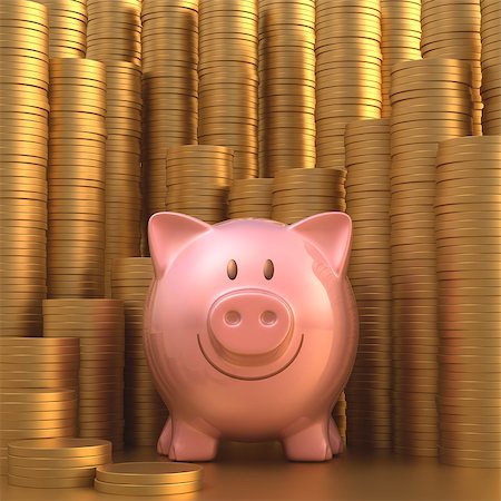 simsearch:400-07215779,k - Piggy bank with stacks of gold coins in the background. Photographie de stock - Aubaine LD & Abonnement, Code: 400-07214536