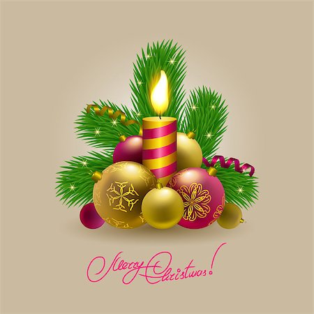 simsearch:400-04762396,k - Festive background with Christmas balls, candle, serpentine and fir branches for cards, invitations. Vector illustration. EPS10. Stock Photo - Budget Royalty-Free & Subscription, Code: 400-07214615