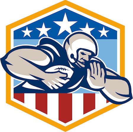 simsearch:400-05331205,k - Illustration of an american football gridiron running back player running with ball facing front fending off with arm set inside USA stars and stripes crest shield done in retro style. Foto de stock - Royalty-Free Super Valor e Assinatura, Número: 400-07214865