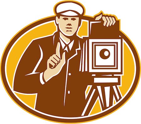 Illustration of a photographer shooting with vintage camera viewed from front done in retro woodcut style. Stock Photo - Budget Royalty-Free & Subscription, Code: 400-07214892