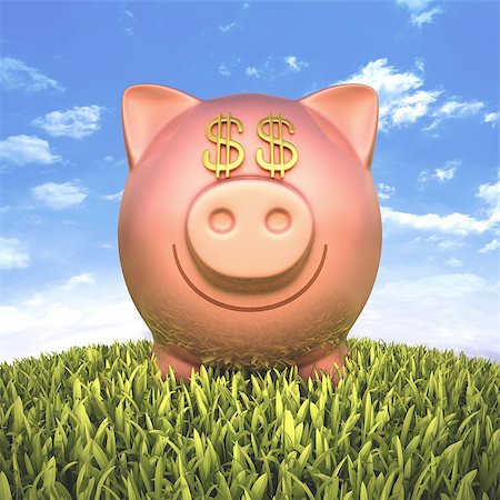 simsearch:400-07215779,k - Piggy bank with eyes money sign on the grass. Photographie de stock - Aubaine LD & Abonnement, Code: 400-07215284