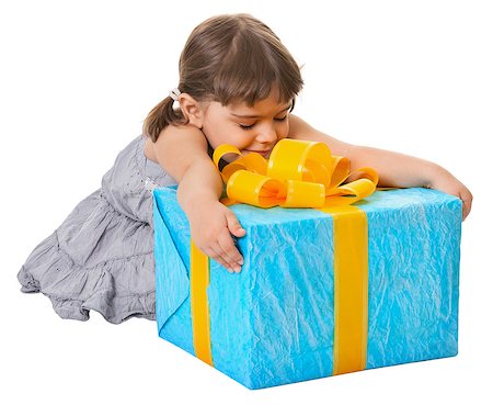 simsearch:400-06557484,k - Happy child embraces large birthday gift isolated on white background Stockbilder - Microstock & Abonnement, Bildnummer: 400-07215373