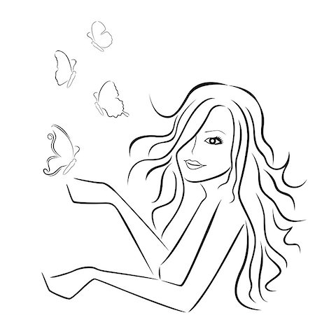 simsearch:400-07466197,k - Beautiful young woman with butterflies around her, hand drawing black and white vector illustration Stock Photo - Budget Royalty-Free & Subscription, Code: 400-07215657
