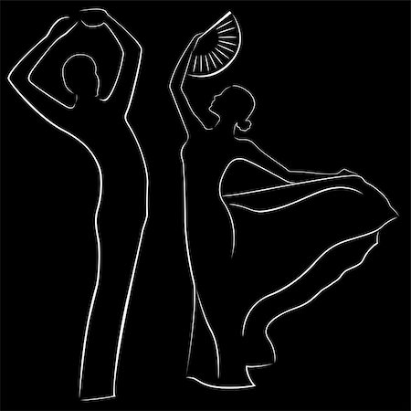 Man and woman dancing. hand drawing black and white vector illustration with black background Stock Photo - Budget Royalty-Free & Subscription, Code: 400-07215659