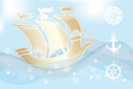 simsearch:400-05137738,k - Illustration of a golden ship sailing in ocean (with waves and foam) - eps 10 vectors Fotografie stock - Microstock e Abbonamento, Codice: 400-07215672