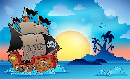 Pirate ship near small island 3 - eps10 vector illustration. Stock Photo - Budget Royalty-Free & Subscription, Code: 400-07215749