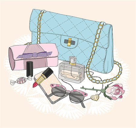 Fashion essentials. Background with bag, sunglasses, shoes, jewelery, perfume, makeup and flowers. Stockbilder - Microstock & Abonnement, Bildnummer: 400-07215849