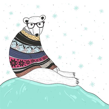 Christmas card with cute hipster polar bear. Bear with fair isle style sweater. Photographie de stock - Aubaine LD & Abonnement, Code: 400-07215857