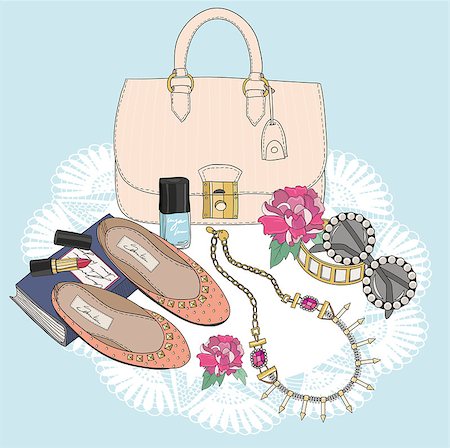 Fashion essentials. Background with bag, sunglasses, shoes, jewelery, makeup and flowers. Stockbilder - Microstock & Abonnement, Bildnummer: 400-07215850