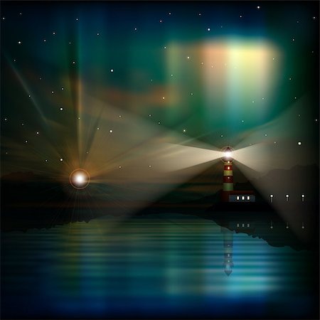 abstract sea background with lighthouse and aurora borealis Stock Photo - Budget Royalty-Free & Subscription, Code: 400-07216063
