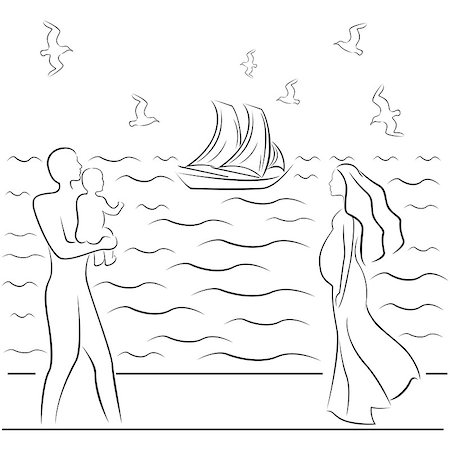 simsearch:400-07466197,k - Man holding a baby and a pregnant woman on a sea coast, hand drawing vector illustration Stock Photo - Budget Royalty-Free & Subscription, Code: 400-07216104