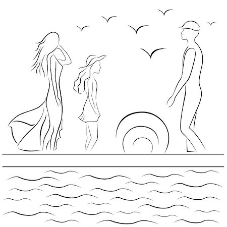 simsearch:400-07466197,k - Family at sea pier at sunset, hand drawing black and white vector illustration Stock Photo - Budget Royalty-Free & Subscription, Code: 400-07216103