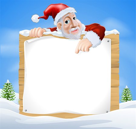 simsearch:400-06099858,k - Santa Claus sign winter scene with cartoon Santa pointing down at snow covered sign Stock Photo - Budget Royalty-Free & Subscription, Code: 400-07216112