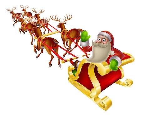 santa claus sleigh flying - Cartoon Santa in his Christmas sleigh waving back at the viewer Stock Photo - Budget Royalty-Free & Subscription, Code: 400-07216354