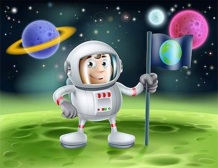 An illustration of an outer space cartoon background with a cute cartoon astronaut planting an earth flag on an alien world Foto de stock - Super Valor sin royalties y Suscripción, Código: 400-07216351