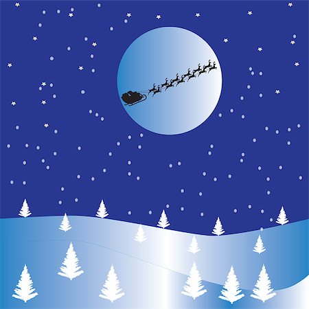 simsearch:400-07465970,k - A Snowy Christmas Scene with stars,snow falling,christmas trees and Santas sleigh flying in front of the moon Stock Photo - Budget Royalty-Free & Subscription, Code: 400-07216681