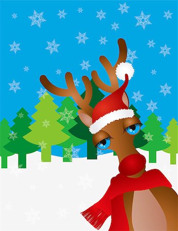 Santa Reindeer with Christmas Red Santa Hat and Scarf on Winter Snow Scene Background Illustration Stock Photo - Budget Royalty-Free & Subscription, Code: 400-07216814