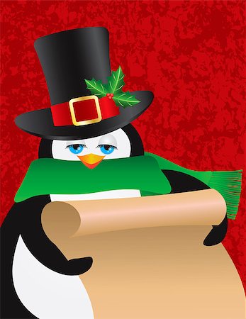 simsearch:400-07218423,k - Penguin Male with Christmas Top Hat Holding Scroll List on Red Textured Background Illustration Stockbilder - Microstock & Abonnement, Bildnummer: 400-07216812