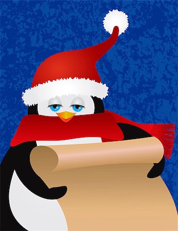 simsearch:400-08502521,k - Penguin with Christmas Santa Claus Red Hat Holding Scroll List on Blue Textured Background Illustration Foto de stock - Super Valor sin royalties y Suscripción, Código: 400-07216813