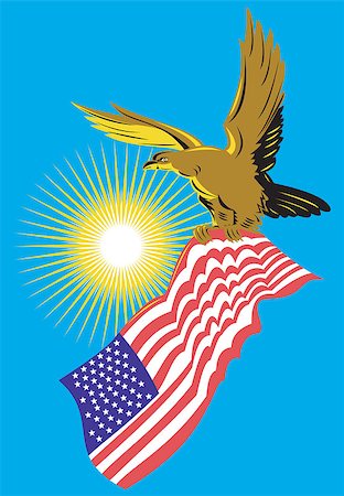 simsearch:400-06891855,k - Illustration of a bald eagle flying with american stars stripes flag on isolated background done in retro style. Fotografie stock - Microstock e Abbonamento, Codice: 400-07216878