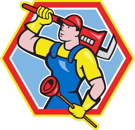 simsearch:400-07092514,k - Illustration of a plumber holding carrying monkey wrench on shoulder and holding plunger done in cartoon style on isolated background set inside hexagon Foto de stock - Super Valor sin royalties y Suscripción, Código: 400-07216923