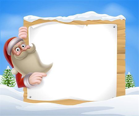 A Santa Christmas Winter Scene of Santa pointing at a winter sign Stock Photo - Budget Royalty-Free & Subscription, Code: 400-07217011