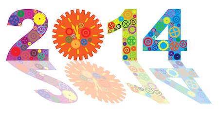 simsearch:400-06912620,k - Happy New Year 2014 Colorful Mechanical Gears and Clock with Reflection Isolated on White Background Illustration Stock Photo - Budget Royalty-Free & Subscription, Code: 400-07217287