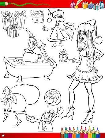 Coloring Book Cartoon Illustration of Black and White Christmas Themes Set with Santa Claus and Pretty Girl Stock Photo - Budget Royalty-Free & Subscription, Code: 400-07217412