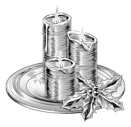 etch - Illustration of vintage Christmas candles and holly decorations on a plate Stock Photo - Budget Royalty-Free & Subscription, Code: 400-07217608