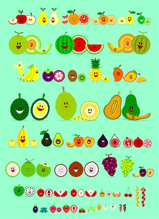 Cute Smile Cartoon of Various Fruits including Apple, Pear, Grapefruit, Orange, Lemon, Lime, Melon, Watermelon, Cantaloupe, Banana, Mangosteen, Kiwi, Pineapple, Mango, Durian, Jackfruit, Papaya, Starfruit, Avocado, Peach, Fig, Pomegranate, Coconut, Grape, Plum, Cherimoya, Lychee, Rambutan, Longan, Cherry, Date, Blackberry, Blueberry, Raspberry, Strawberry, Cranberry, Alkekengi, Redcurrant, and Bla Stock Photo - Budget Royalty-Free & Subscription, Code: 400-07217619