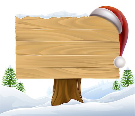 A Christmas wooden sign with a Santa Hat hanging on it in a winter scene with trees in the background Stock Photo - Budget Royalty-Free & Subscription, Code: 400-07218198