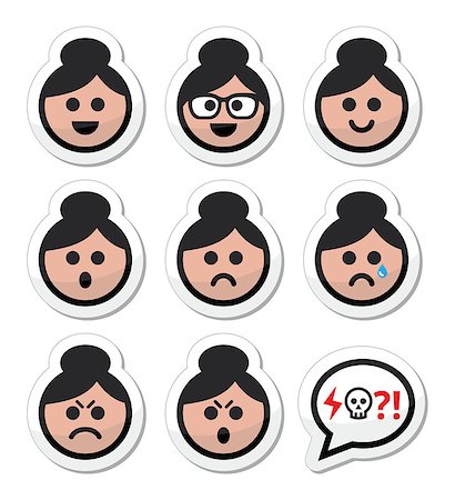 Collection of old woman, girl with asian hair style faces - happy, sad, angry Stock Photo - Budget Royalty-Free & Subscription, Code: 400-07218218