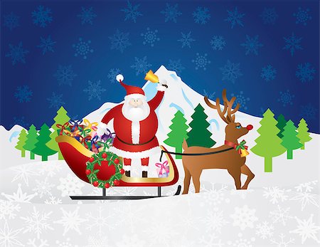 simsearch:400-07217469,k - Santa Claus Ringing Bell on Reindeer Sleigh Delivering Wrapped Presents Traveling Over Winter Snow Scene at Night Background Illustration Fotografie stock - Microstock e Abbonamento, Codice: 400-07218255