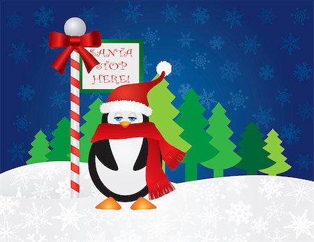 simsearch:400-07217469,k - Christmas Penguin with Red Santa Hat and Scarf Standing by Santa Stop Here Sign Post with Night Winter Snow Scene Background Illustration Fotografie stock - Microstock e Abbonamento, Codice: 400-07218252