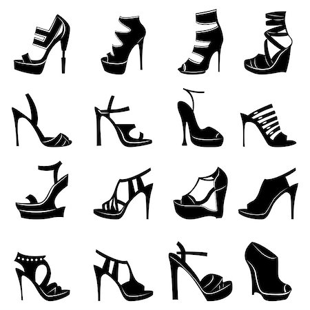 Collection of sixteen different models of stylish women footwear isolated on white background, hand drawing silhouette vector illustration Stock Photo - Budget Royalty-Free & Subscription, Code: 400-07218275