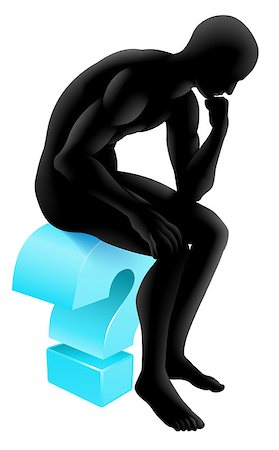 Conceptual illustration of a silhouette man seated on a question mark icon in a thinker pose deep in thought. Could be concept for any questioning or psychology, poetry or philosophy. Stock Photo - Budget Royalty-Free & Subscription, Code: 400-07218325